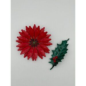 2 Vintage Christmas Brooches Poinsettia Holly 3"
